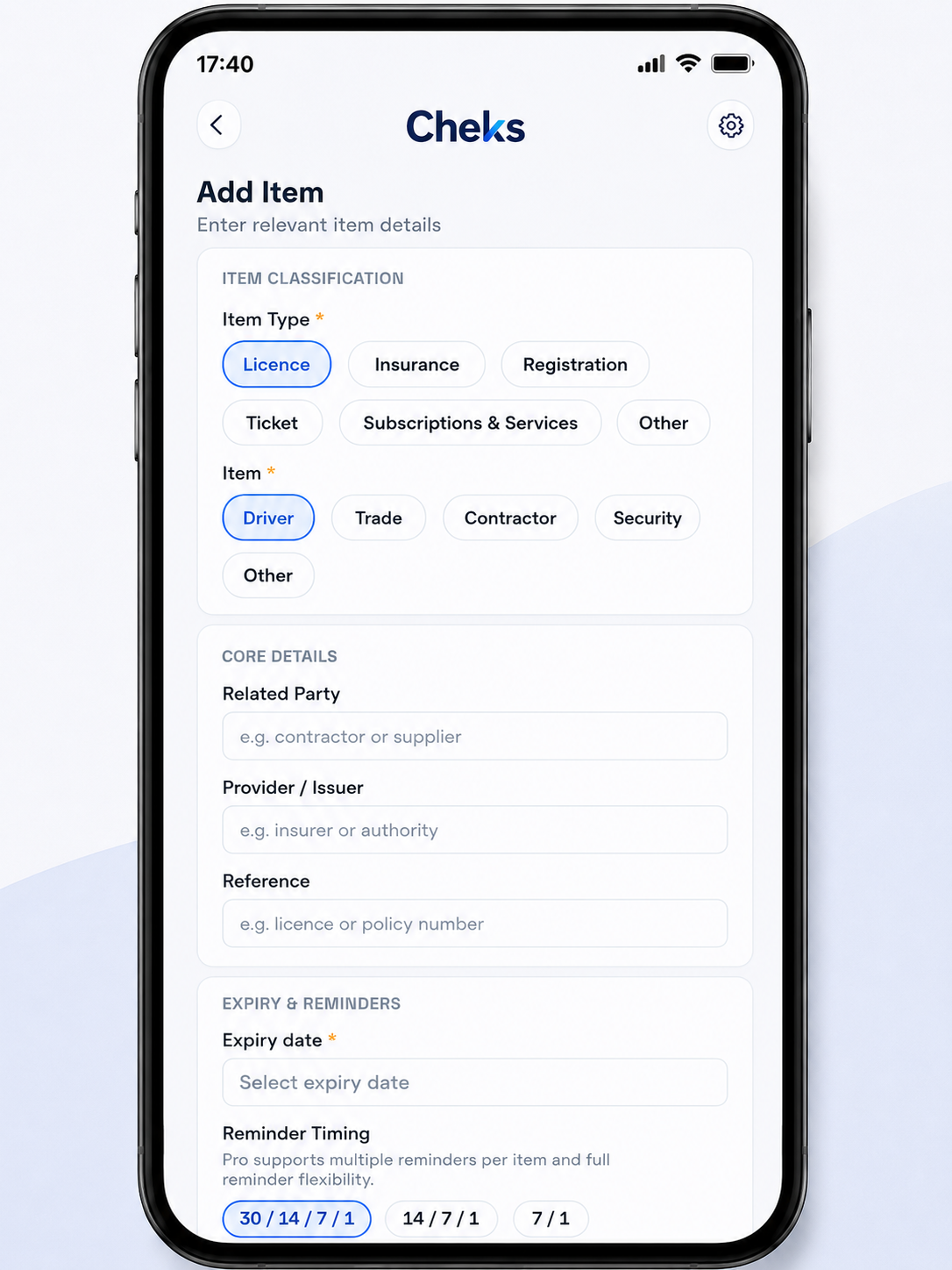 Cheks add item screen showing related party, provider and reference fields