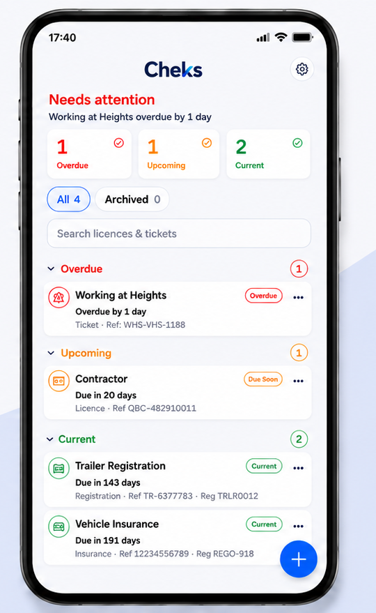 Cheks app screen showing overdue, upcoming and current renewal items.
