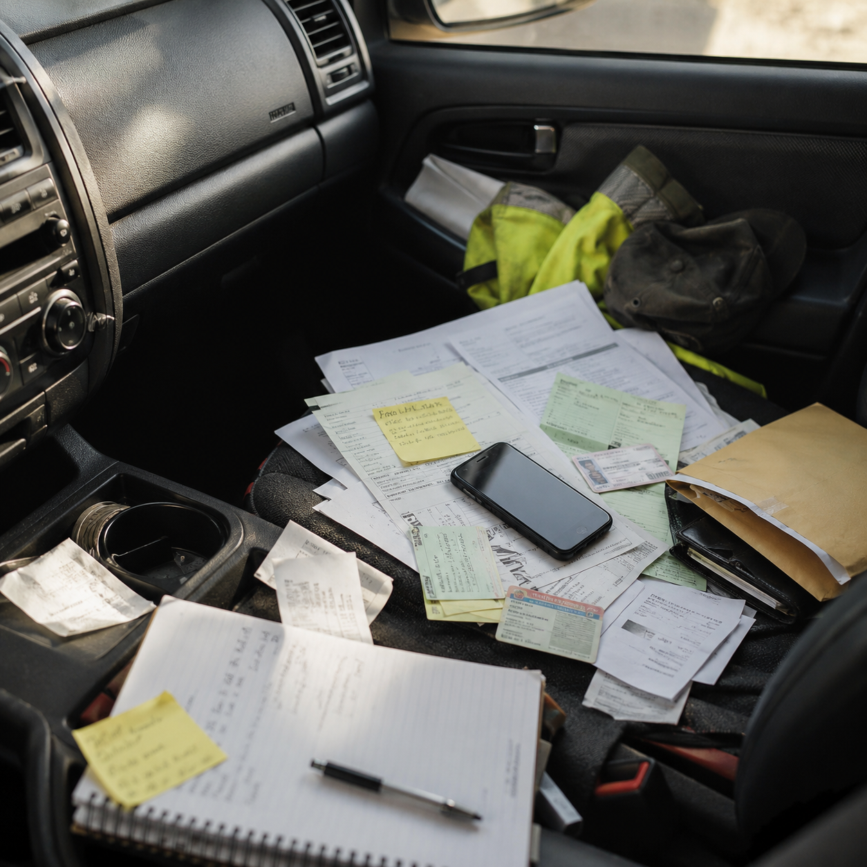 Paperwork, notes and cards spread across the passenger seat of a work vehicle.