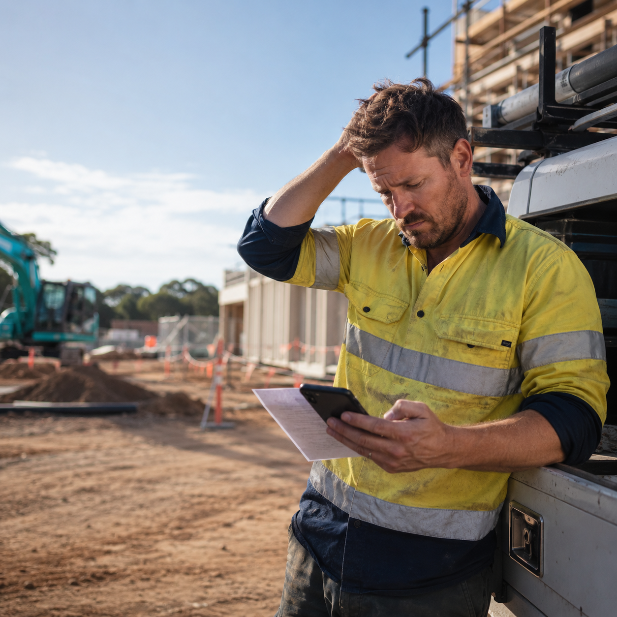A tradie looking worried while checking paperwork and a phone on site.